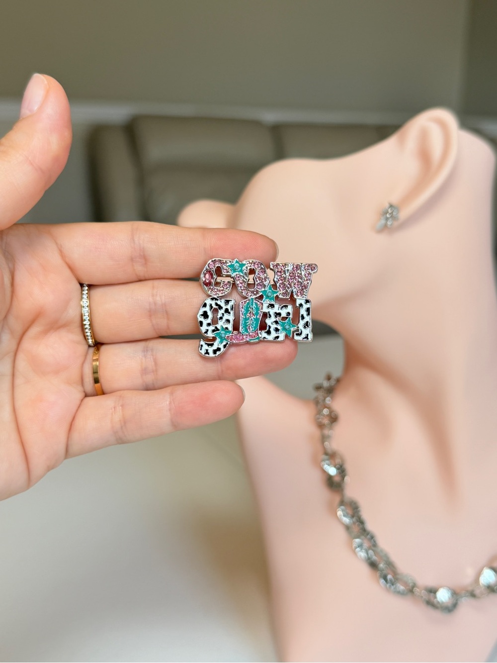 Western Style Playful Pink & Turquoise Enamel Pin Brooch